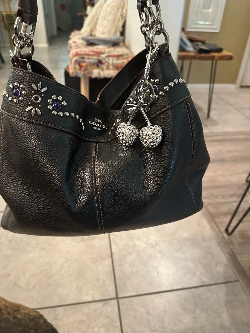 Coach  #146 Lexi Black Leather Hobo Bag with Studded Embellishment